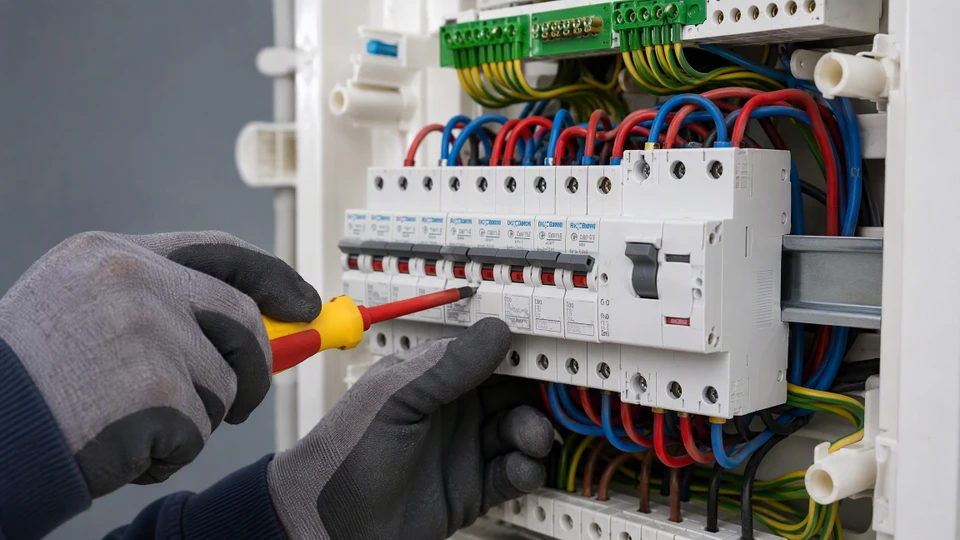 Électricien masculin, barbe courte, installe un luminaire plafonnier sur mur blanc incliné